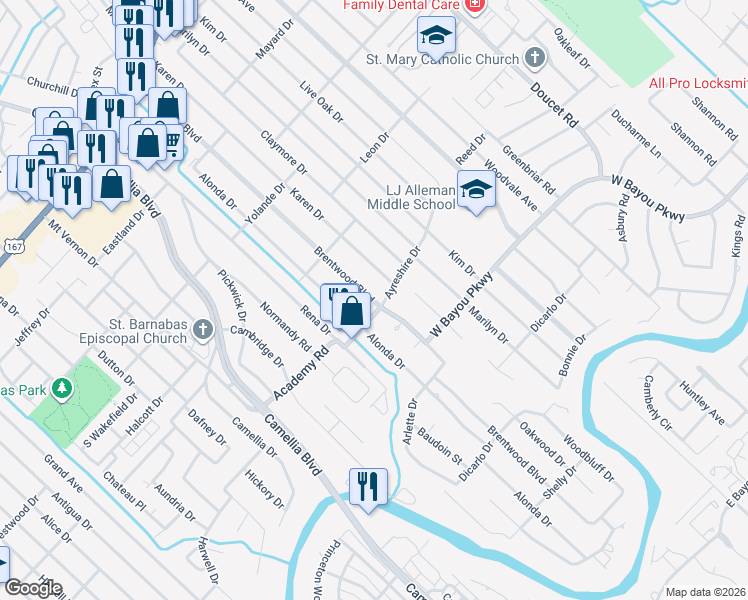 map of restaurants, bars, coffee shops, grocery stores, and more near Brentwood Boulevard in Lafayette