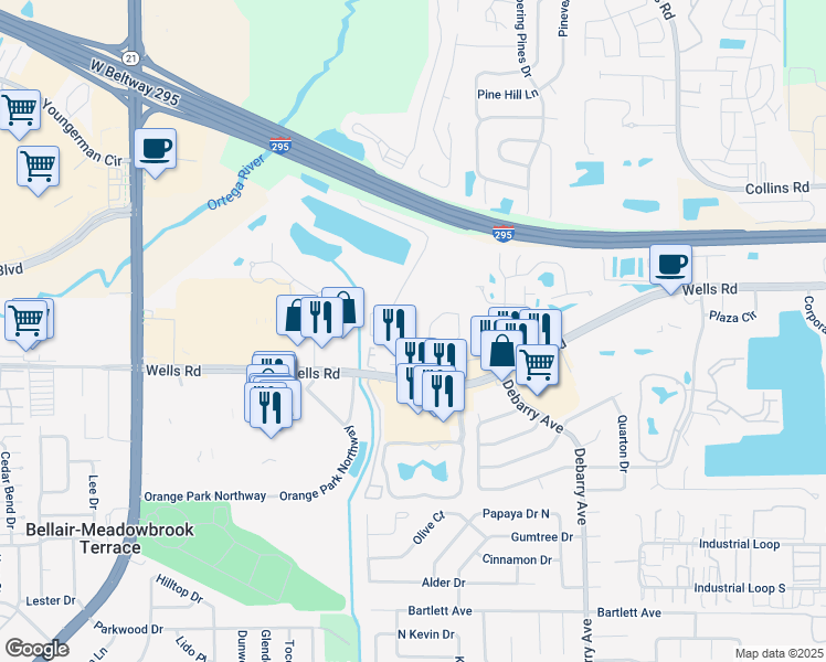 map of restaurants, bars, coffee shops, grocery stores, and more near 1745 Wells Road in Orange Park
