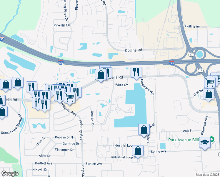 map of restaurants, bars, coffee shops, grocery stores, and more near 326 Crossing Boulevard in Orange Park
