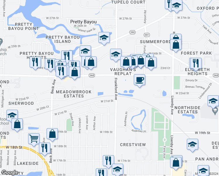 map of restaurants, bars, coffee shops, grocery stores, and more near 2175 Frankford Avenue in Panama City