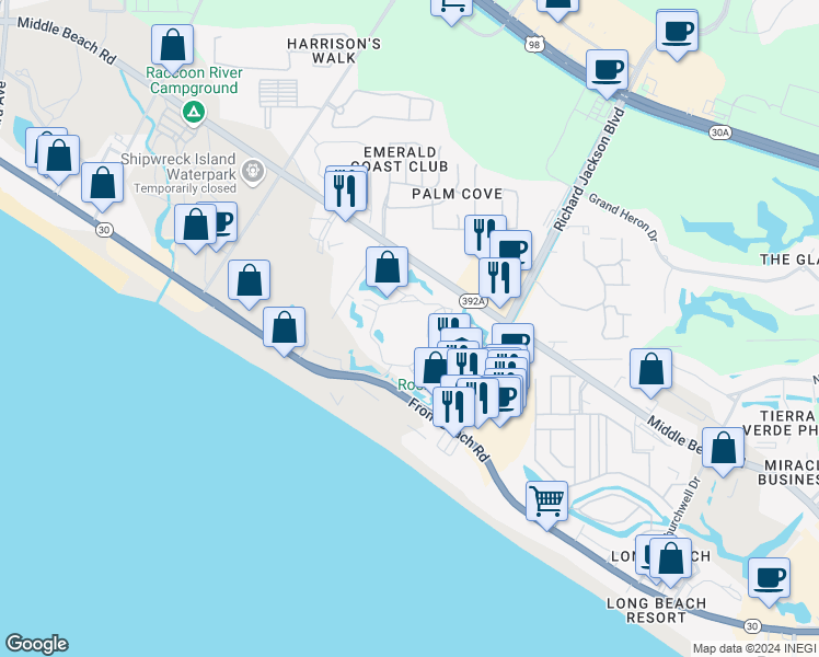 map of restaurants, bars, coffee shops, grocery stores, and more near 520 R Jackson Boulevard in Panama City Beach