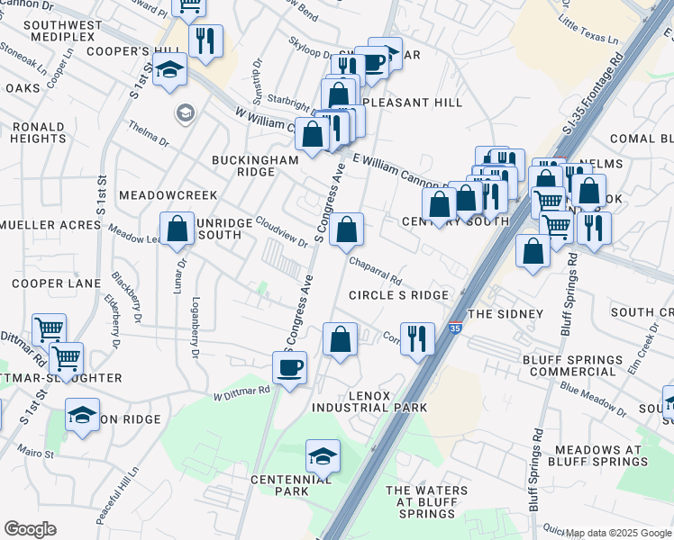 map of restaurants, bars, coffee shops, grocery stores, and more near 7009 Circle South Road in Austin