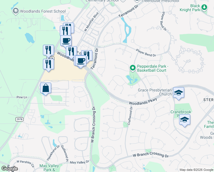 map of restaurants, bars, coffee shops, grocery stores, and more near 2 Kerouac Court in The Woodlands