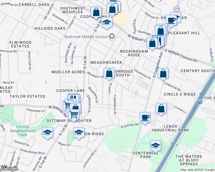 map of restaurants, bars, coffee shops, grocery stores, and more near 7311 Lunar Drive in Austin