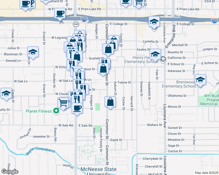 map of restaurants, bars, coffee shops, grocery stores, and more near 3720 Auburn Street in Lake Charles