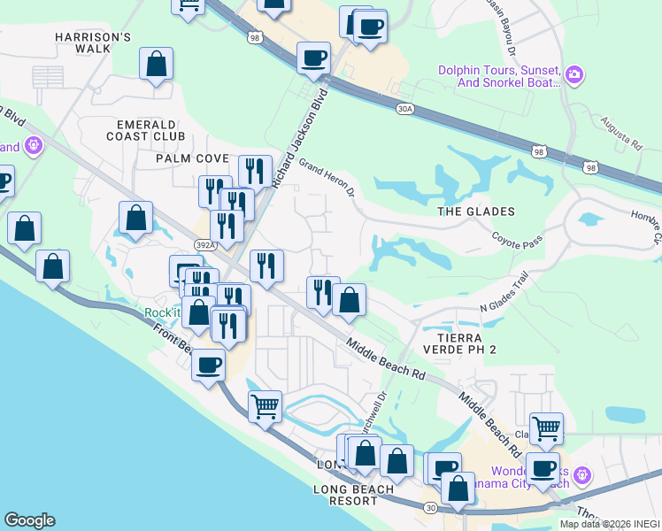 map of restaurants, bars, coffee shops, grocery stores, and more near 609 Paddock Club Drive in Panama City Beach