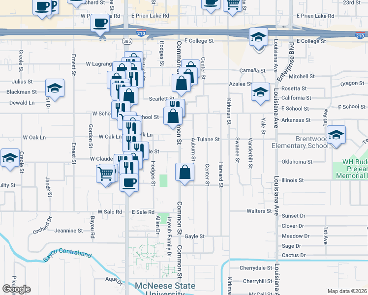map of restaurants, bars, coffee shops, grocery stores, and more near 3720 Auburn Street in Lake Charles