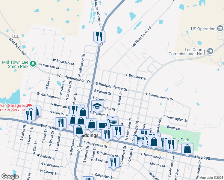 map of restaurants, bars, coffee shops, grocery stores, and more near 375 East Independence Street in Giddings