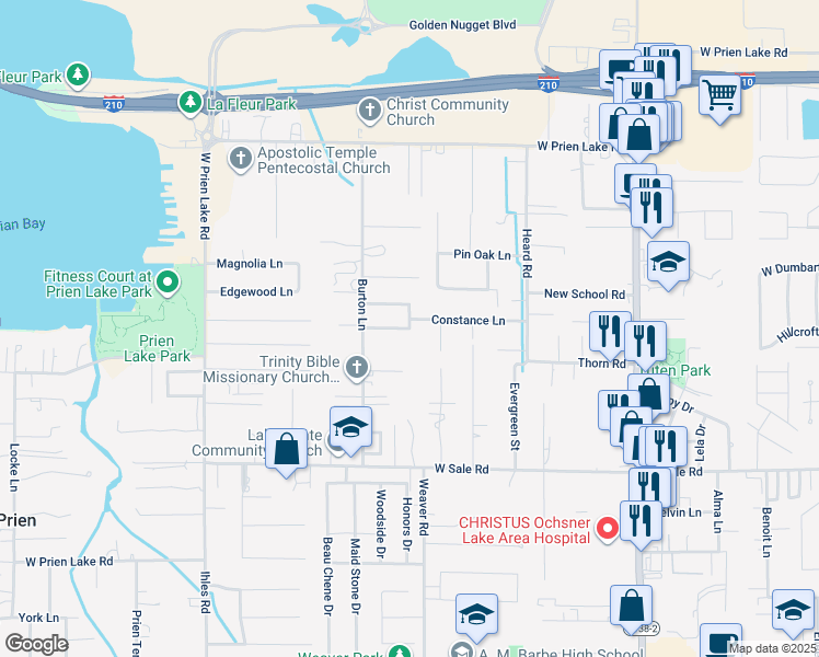 map of restaurants, bars, coffee shops, grocery stores, and more near 2400 South Constance Lane in Lake Charles