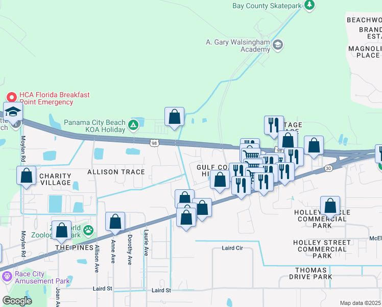 map of restaurants, bars, coffee shops, grocery stores, and more near 8200 Annabellas Lane in Panama City Beach