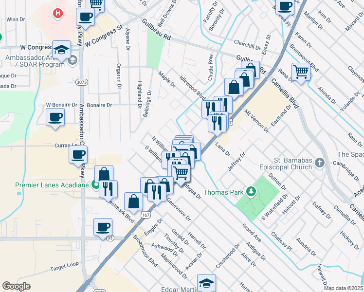 map of restaurants, bars, coffee shops, grocery stores, and more near 101 Belle Fontaine Drive in Lafayette