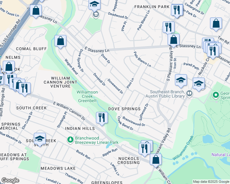 map of restaurants, bars, coffee shops, grocery stores, and more near 4408 Dovewood Drive in Austin