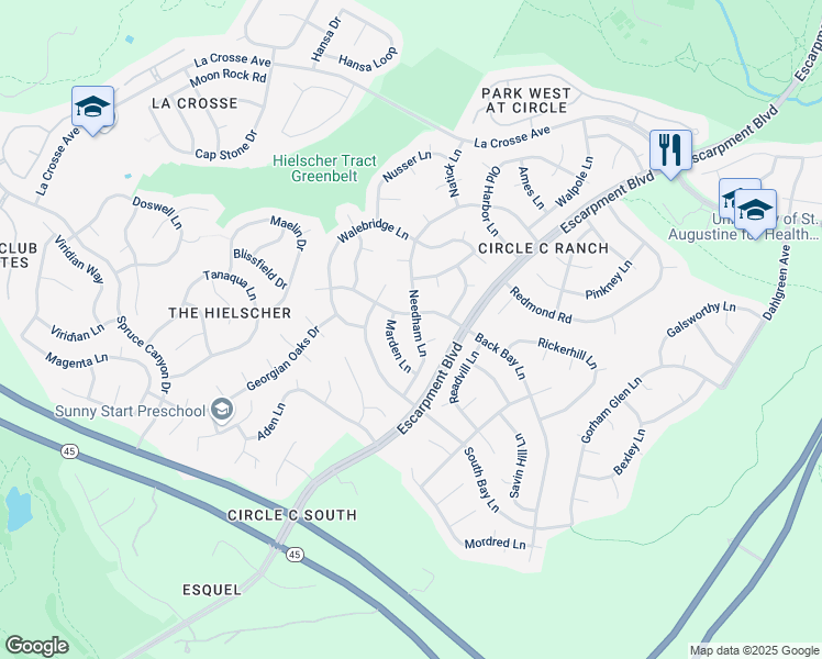 map of restaurants, bars, coffee shops, grocery stores, and more near 6408 Back Bay Lane in Austin