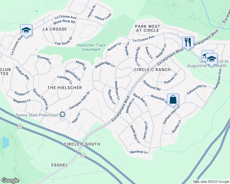 map of restaurants, bars, coffee shops, grocery stores, and more near 6408 Back Bay Lane in Austin