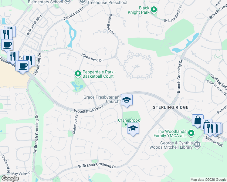 map of restaurants, bars, coffee shops, grocery stores, and more near 51 North Seasons Trace Circle in The Woodlands