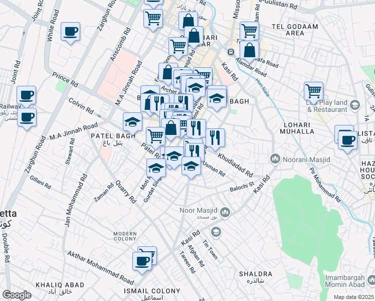 map of restaurants, bars, coffee shops, grocery stores, and more near Gurdat Singh Road in Quetta
