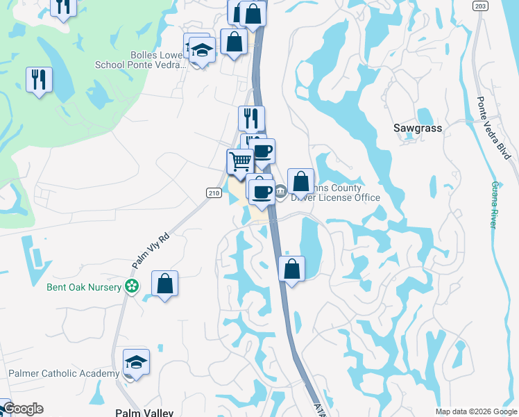 map of restaurants, bars, coffee shops, grocery stores, and more near 2 Fairfield Boulevard in Ponte Vedra Beach