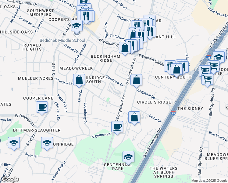 map of restaurants, bars, coffee shops, grocery stores, and more near 7112 South Congress Avenue in Austin