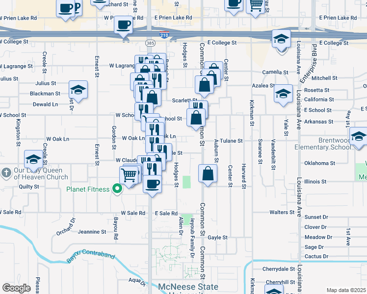 map of restaurants, bars, coffee shops, grocery stores, and more near 502 East Oak Lane in Lake Charles