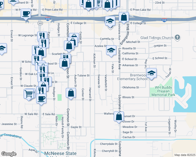 map of restaurants, bars, coffee shops, grocery stores, and more near 3725 Swanee Street in Lake Charles