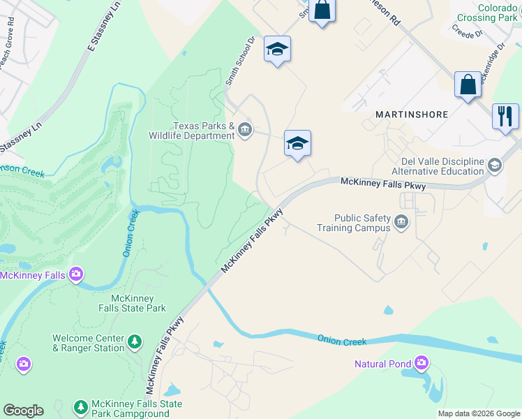 map of restaurants, bars, coffee shops, grocery stores, and more near 5122-5252 McKinney Falls Parkway in Austin