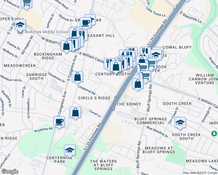 map of restaurants, bars, coffee shops, grocery stores, and more near 6808 South Interstate 35 Frontage Road in Austin