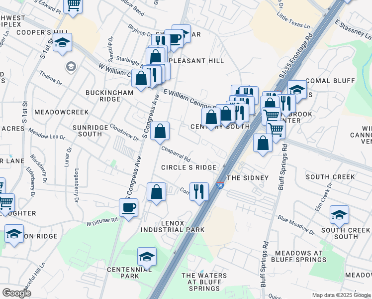 map of restaurants, bars, coffee shops, grocery stores, and more near 6725 Circle South Road in Austin