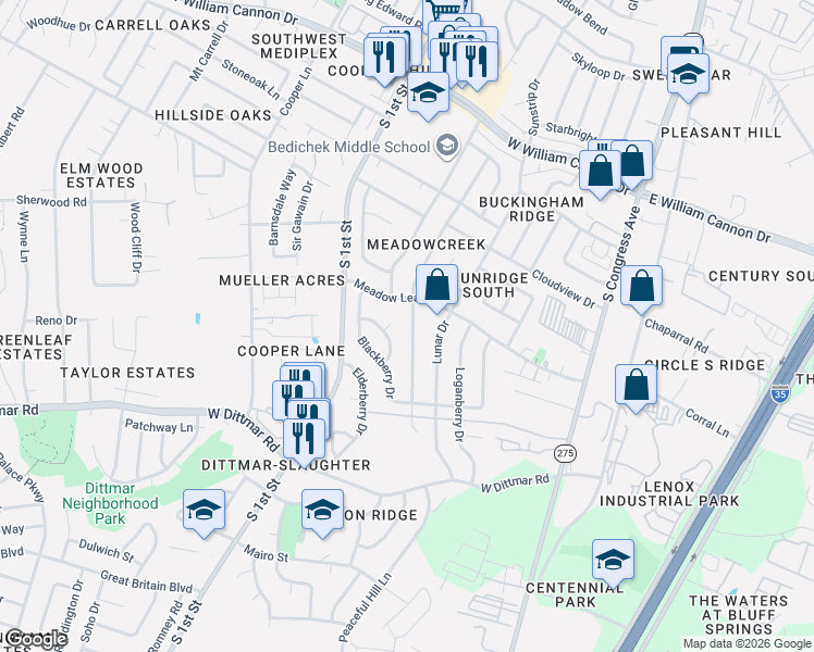 map of restaurants, bars, coffee shops, grocery stores, and more near 7300 Shadywood Drive in Austin