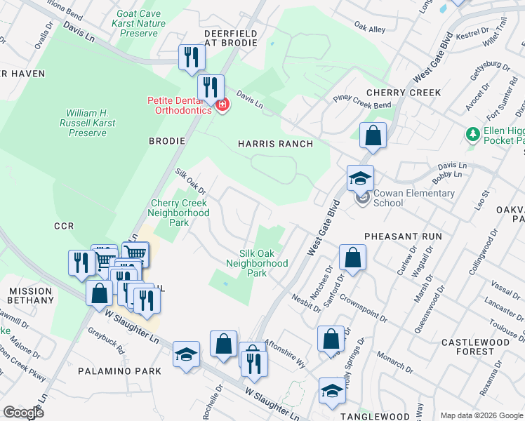 map of restaurants, bars, coffee shops, grocery stores, and more near 9412 Lightwood Loop in Austin