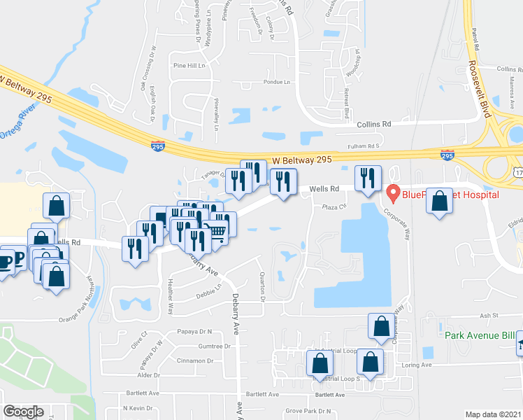 map of restaurants, bars, coffee shops, grocery stores, and more near 1620 Wells Road in Orange Park