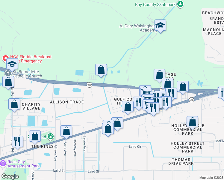 map of restaurants, bars, coffee shops, grocery stores, and more near 8319 Panama City Beach Parkway in Panama City Beach