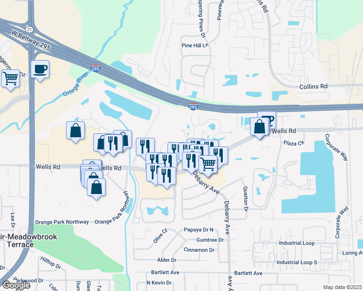 map of restaurants, bars, coffee shops, grocery stores, and more near 85 Debarry Avenue in Orange Park