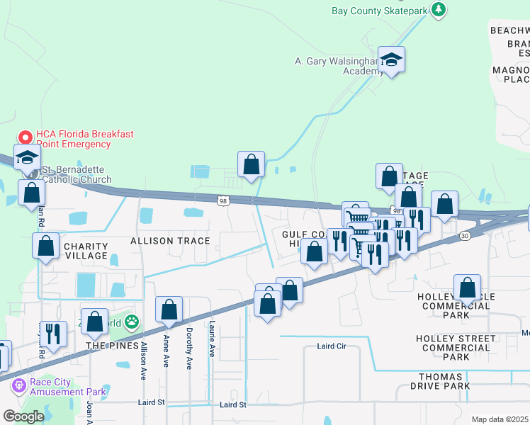 map of restaurants, bars, coffee shops, grocery stores, and more near 8218 Annabellas Lane in Panama City Beach