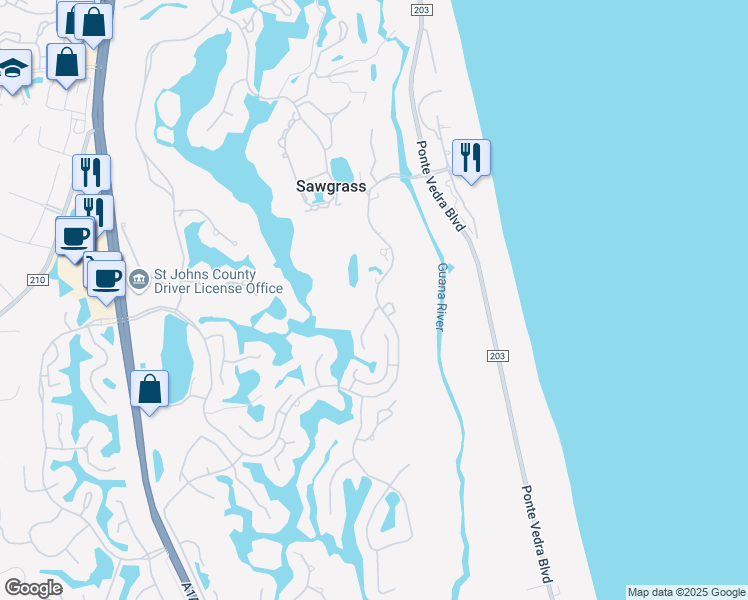 map of restaurants, bars, coffee shops, grocery stores, and more near 10021 Sawgrass Drive East in Ponte Vedra Beach