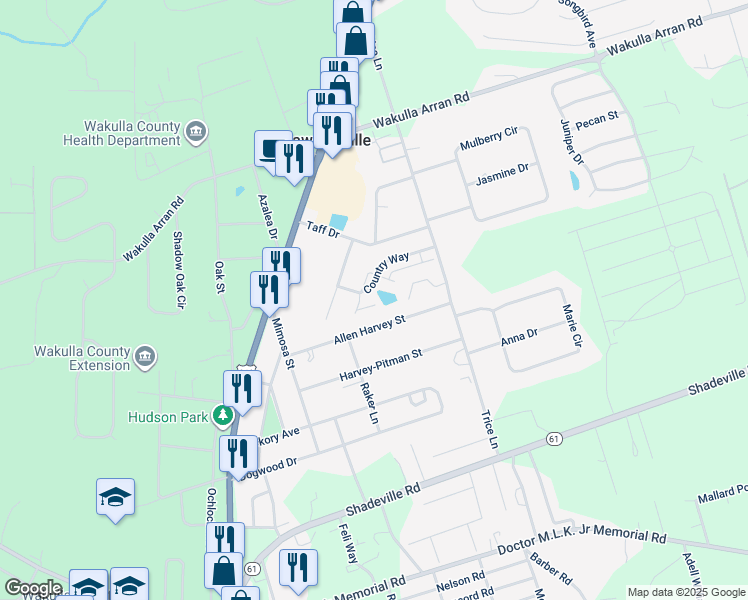 map of restaurants, bars, coffee shops, grocery stores, and more near 21 King Arthurs Court in Crawfordville