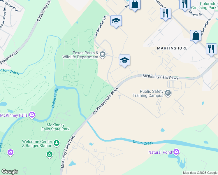 map of restaurants, bars, coffee shops, grocery stores, and more near 5122-5252 McKinney Falls Parkway in Austin