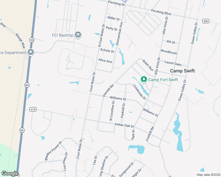 map of restaurants, bars, coffee shops, grocery stores, and more near 221 Overhill Road in Bastrop