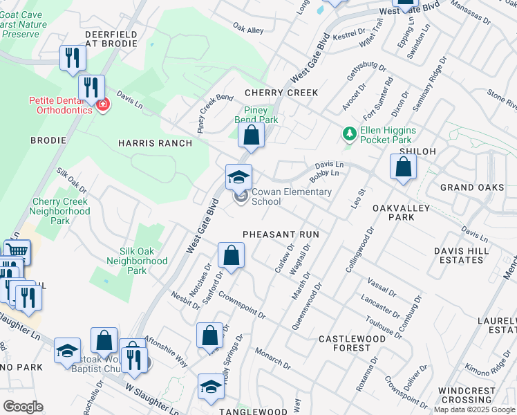 map of restaurants, bars, coffee shops, grocery stores, and more near 2817 Kentish Drive in Austin