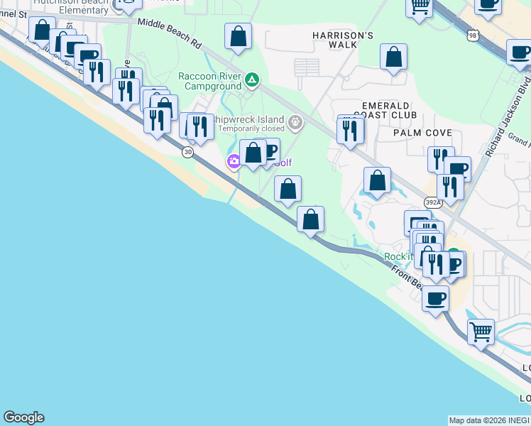 map of restaurants, bars, coffee shops, grocery stores, and more near 12011 Front Beach Road in Panama City Beach