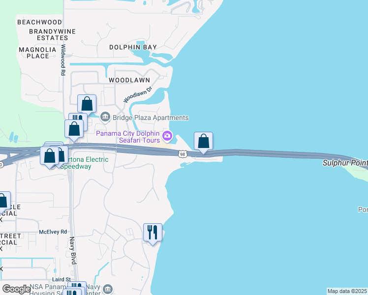 map of restaurants, bars, coffee shops, grocery stores, and more near 312 Bayshore Drive in Panama City Beach