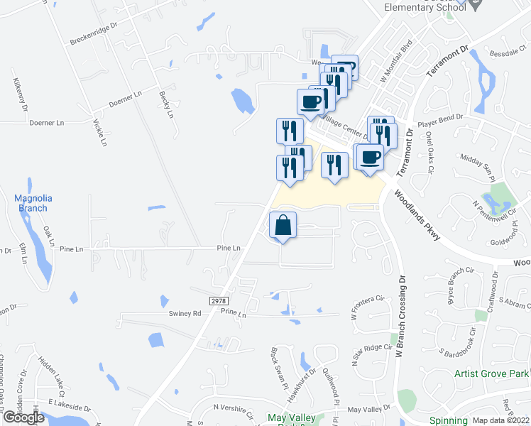 map of restaurants, bars, coffee shops, grocery stores, and more near 29978 Farm to Market Road 2978 in Magnolia