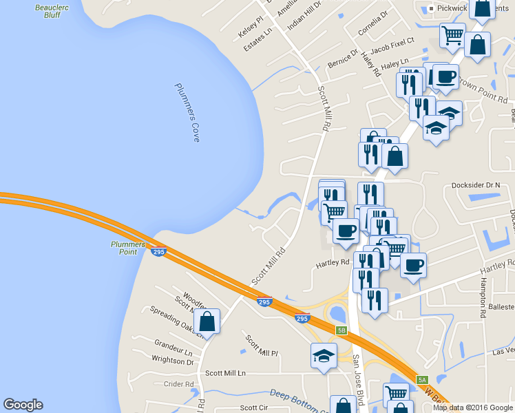 map of restaurants, bars, coffee shops, grocery stores, and more near 10234 Scott Mill Road in Jacksonville