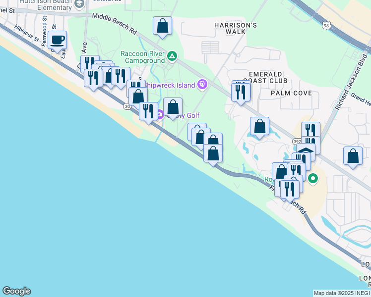 map of restaurants, bars, coffee shops, grocery stores, and more near 11964 Front Beach Road in Panama City Beach
