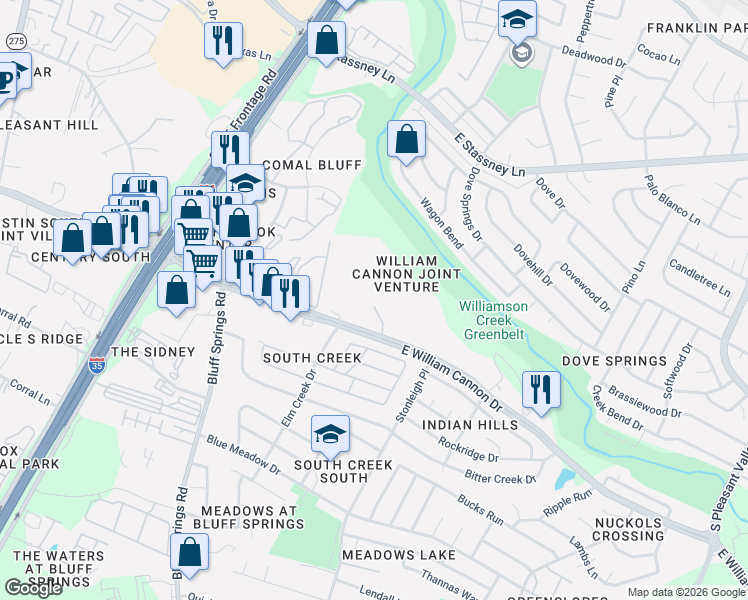 map of restaurants, bars, coffee shops, grocery stores, and more near 2014 East William Cannon Drive in Austin