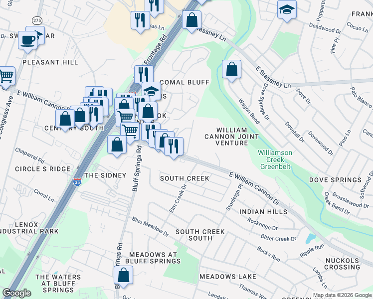 map of restaurants, bars, coffee shops, grocery stores, and more near 1912 East William Cannon Drive in Austin