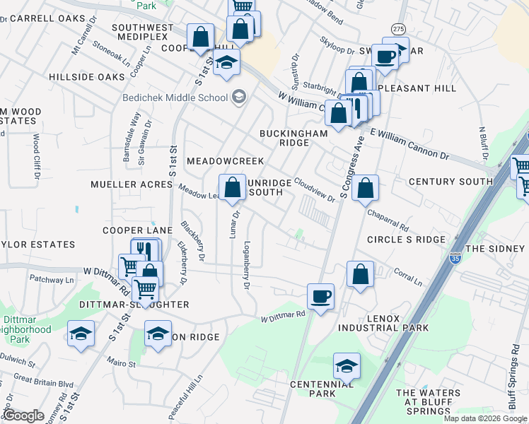map of restaurants, bars, coffee shops, grocery stores, and more near 305 Kimberly Drive in Austin