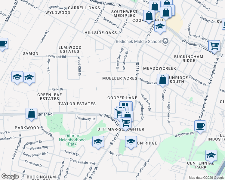 map of restaurants, bars, coffee shops, grocery stores, and more near 7501 Cooper Lane in Austin