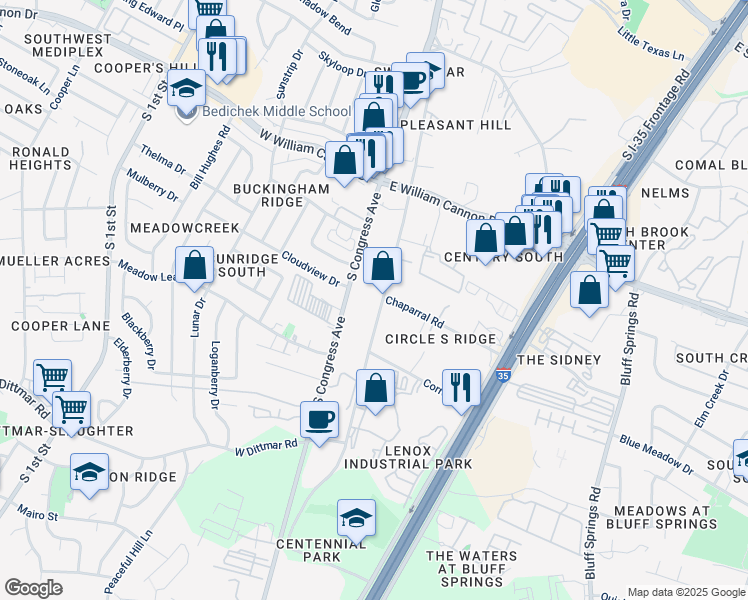 map of restaurants, bars, coffee shops, grocery stores, and more near 6908 Circle South Road in Austin