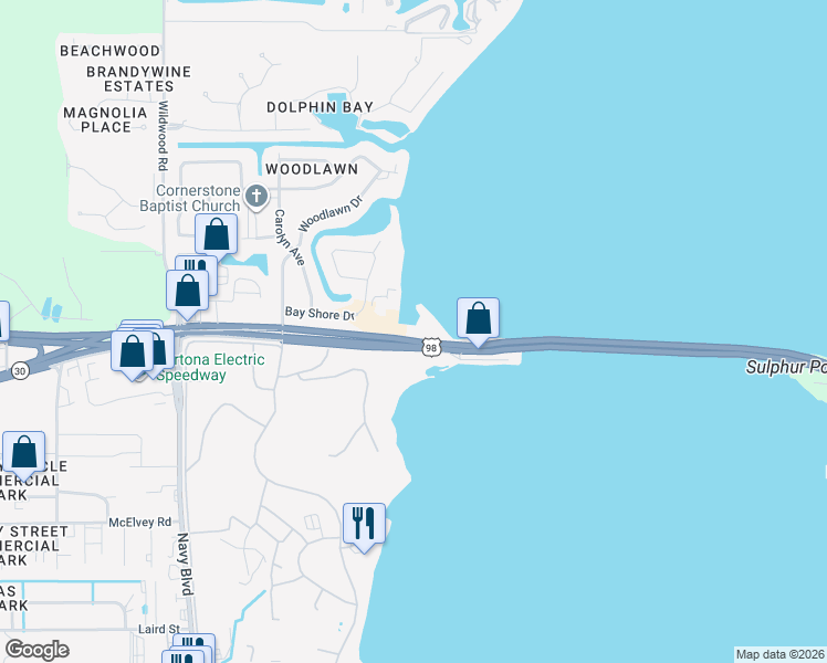 map of restaurants, bars, coffee shops, grocery stores, and more near 6426 US Highway 98 in Panama City Beach