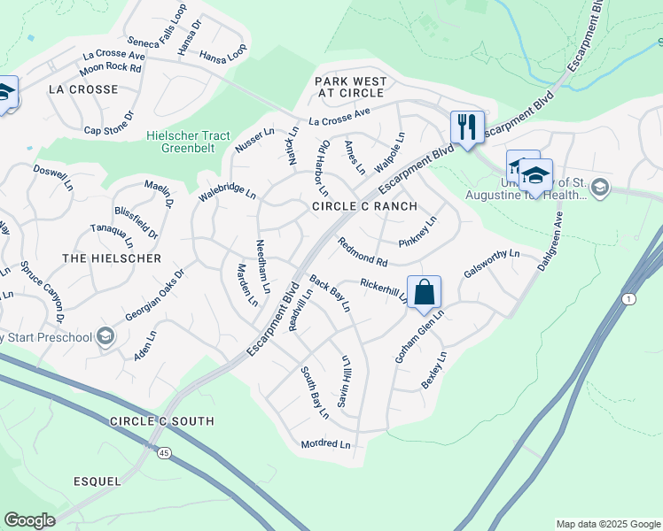 map of restaurants, bars, coffee shops, grocery stores, and more near 10911 Grassmere Court in Austin